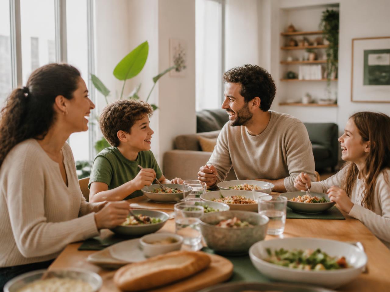 Familia compartiendo la mesa en la sala de su apartamento