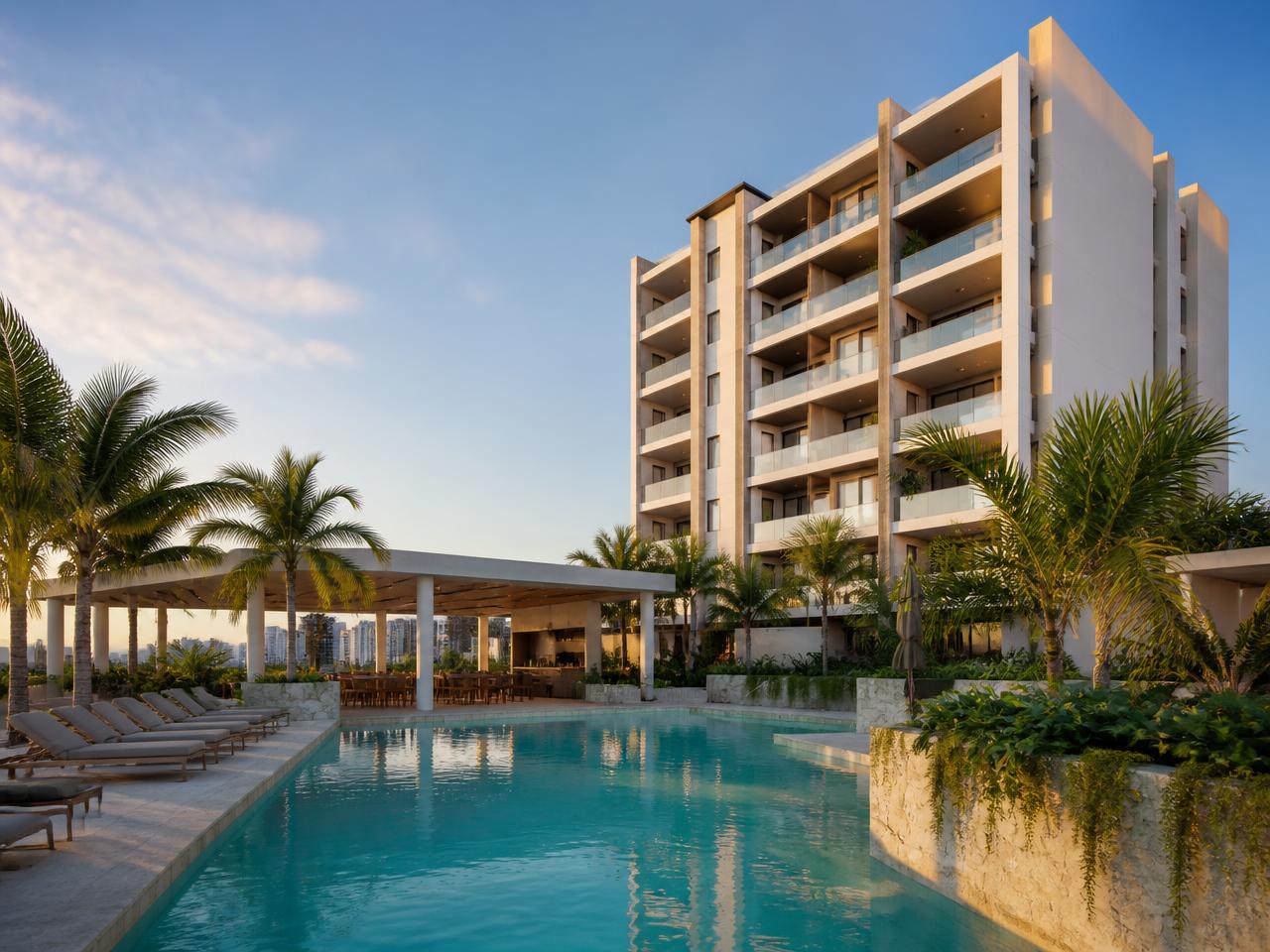 Proyecto residencial con piscina y zonas sociales